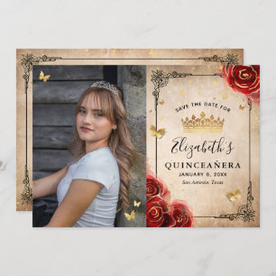Elegant Red Rose Black and Gold Photo Quinceanera Save The Date