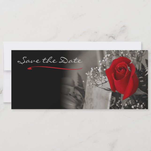 Elegant Red Rose Black and White Save the Date (Front)
