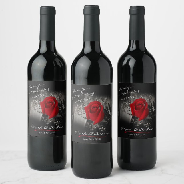Elegant Red Rose Black and White Vignette Wine Label (Bottles)