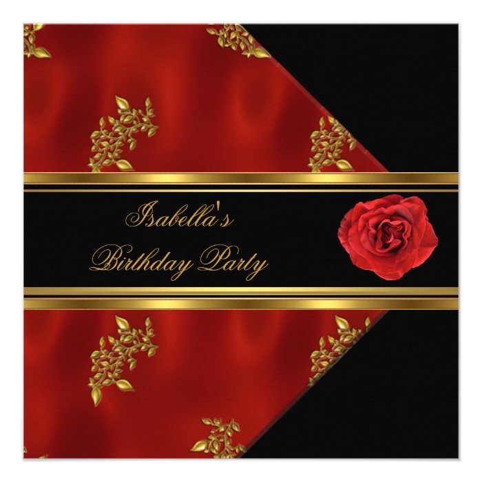 Elegant Red Rose Black Gold Birthday Party Announcement