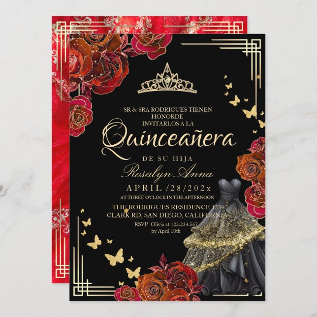 Elegant Red Rose Black Gold Butterfly Quinceañera Invitation (Front/Back)