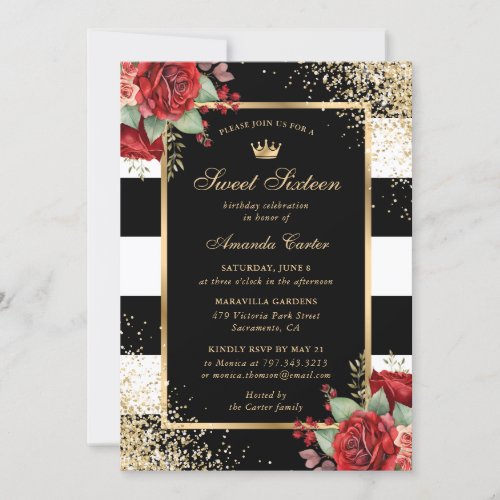 Elegant Red Rose Black Gold Sweet Sixteen Birthday Invitation