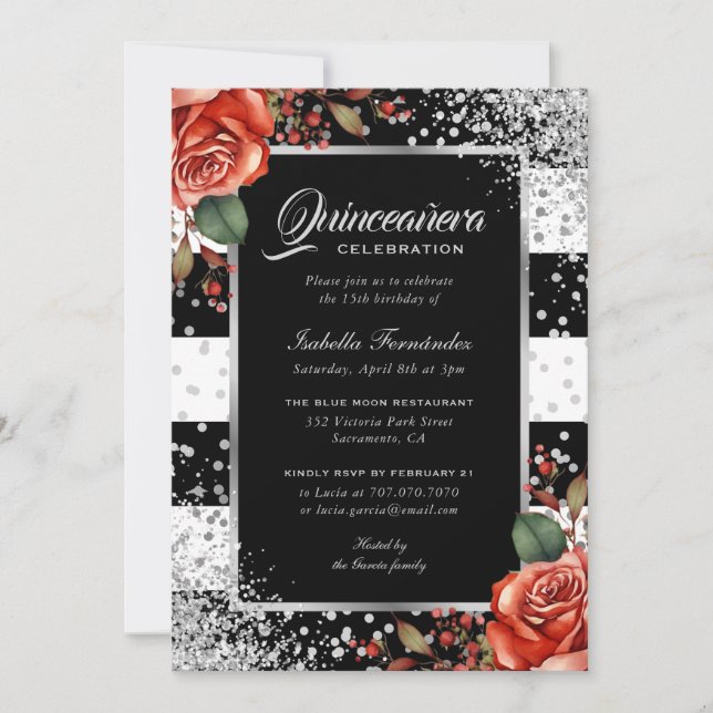 Elegant Red Rose Black Silver Confetti Quinceañera Invitation (Front)