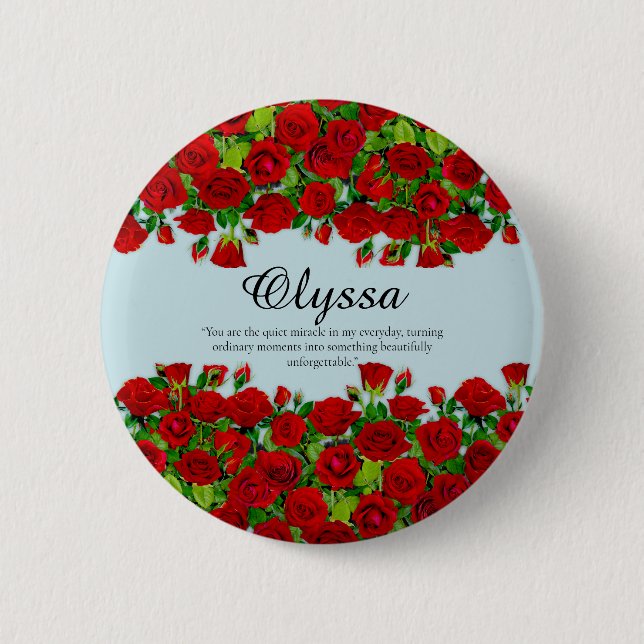 Elegant Red Rose Border Custom Name Garden Theme Button (Front)