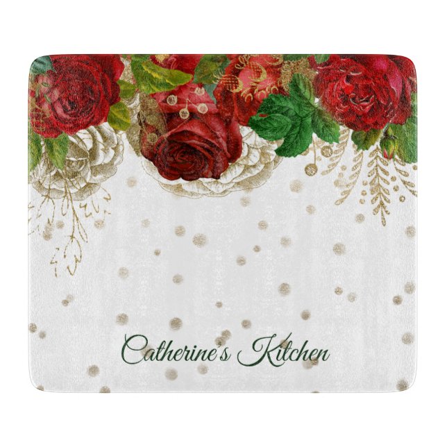 Elegant Red Rose Border Personalized Cutting Board (Front)