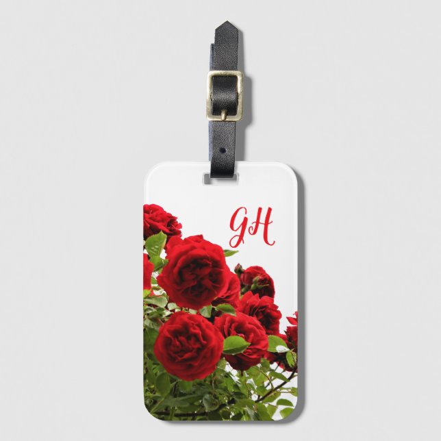 Elegant Red Rose Bouquet Monogram Luggage Tag (Front Vertical)