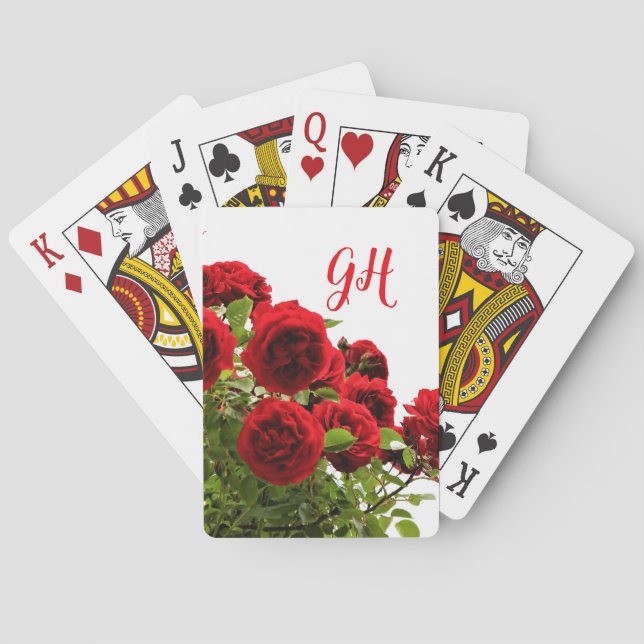 Elegant Red Rose Bouquet Monogram Poker Cards (Back)