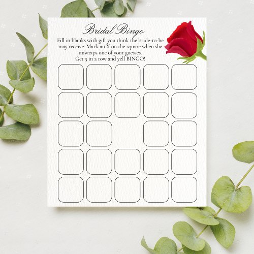 Elegant Red Rose Bridal Shower Bingo Game