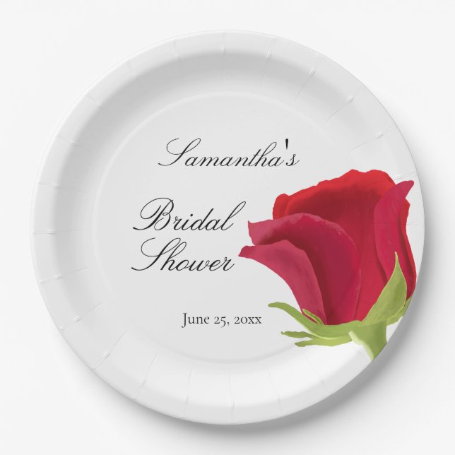 Elegant Red Rose Bridal Shower Paper Plates (Front)