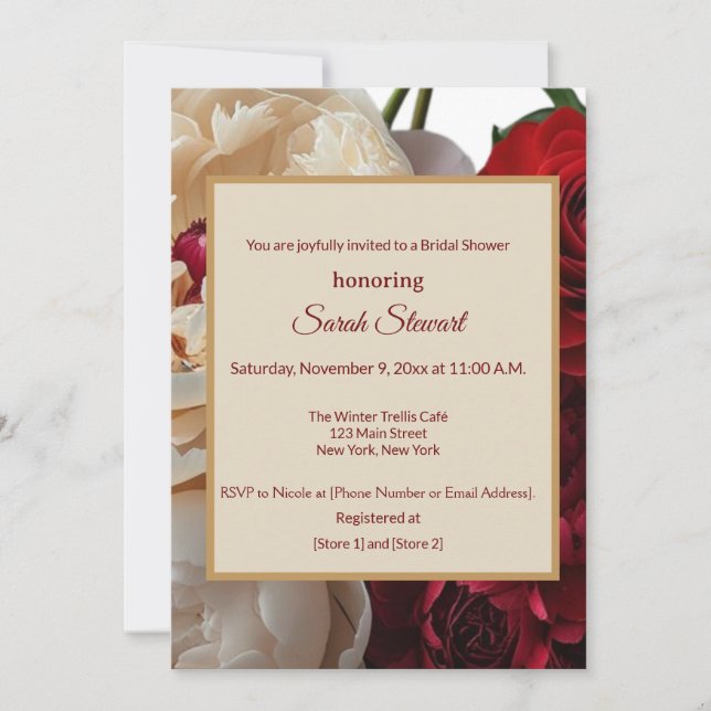 Elegant Red Rose & Cream Peony Bridal Shower  Invitation (Front)