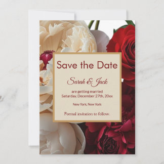 Elegant Red Rose & Cream Peony Save The Date