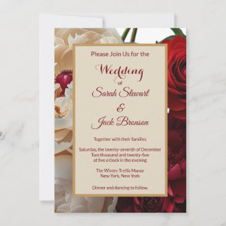 Elegant Red Rose & Cream Peony Wedding Invitation