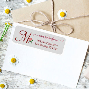 Elegant Red Rose Custom Monogram Swirl Return Label