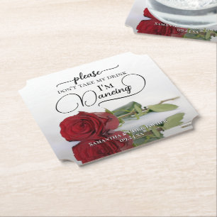 Elegant Red Rose Don't Take My Drink Wedding Paper Coaster