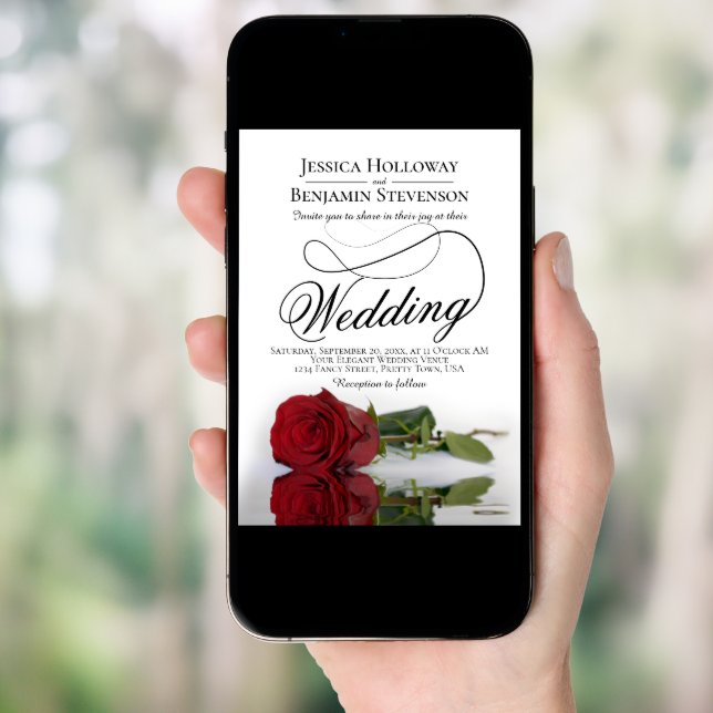 Elegant Red Rose Fancy Script QR Code Wedding Invitation (Front Digital)