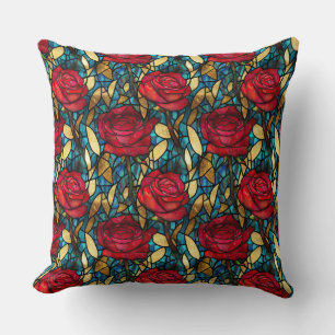 Elegant Red Rose Faux Stained Glass Pattern Throw Pillow