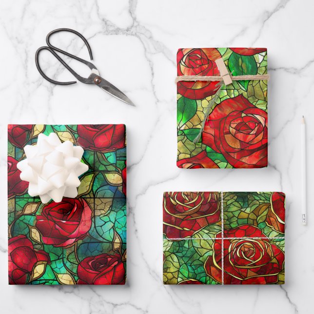 Elegant Red Rose Faux Stained Glass Pattern Wrapping Paper Sheets (Front)