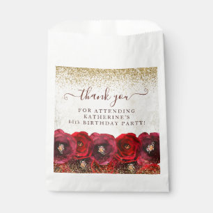 Elegant Red Rose Floral 80th Birthday Thank You Favor Bag