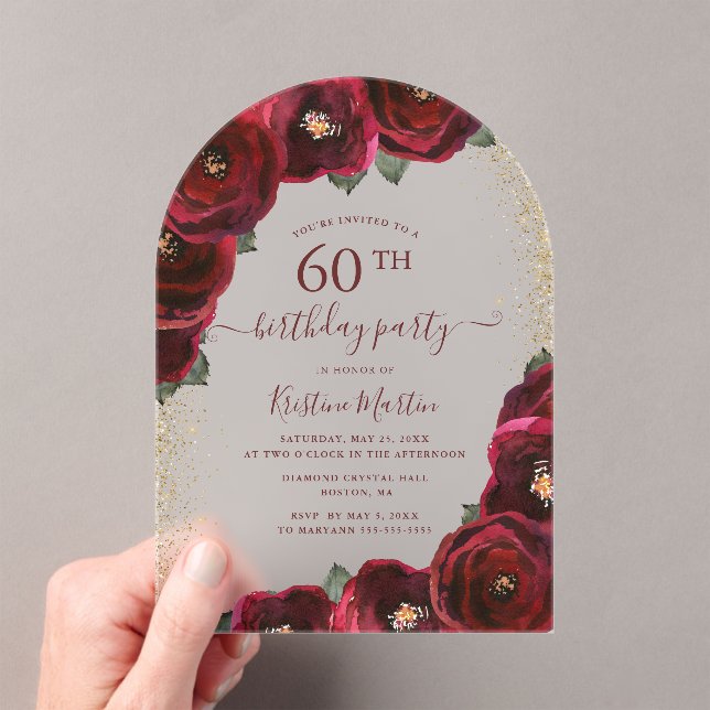 Elegant Red Rose Floral Arch 60th Birthday Party Acrylic Invitations (Insitu (Handheld))