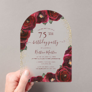 Elegant Red Rose Floral Arch 75th Birthday Party Acrylic Invitations