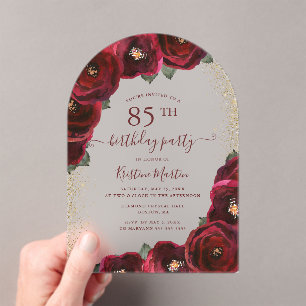 Elegant Red Rose Floral Arch 85th Birthday Party Acrylic Invitations