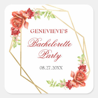 Elegant Red Rose Floral Bachelorette Party Square Sticker