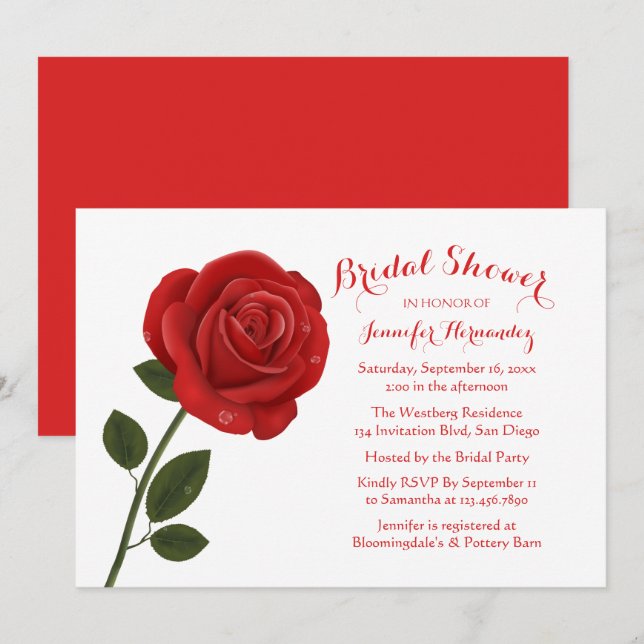 Elegant Red Rose Floral Bridal Shower Invitation (Front/Back)