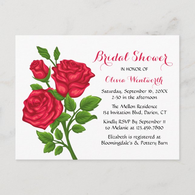Elegant Red Rose Floral Bridal Shower Invitation Postcard (Front)