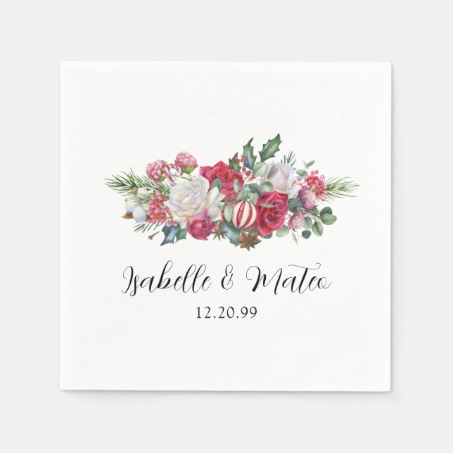 Elegant Red Rose Floral Christmas Wedding Napkins (Front)