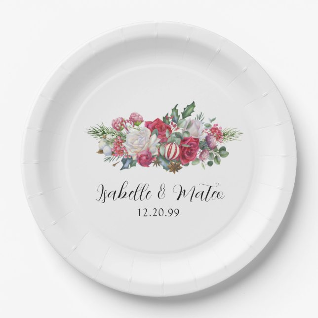Elegant Red Rose Floral Christmas Wedding  Paper Plates (Front)