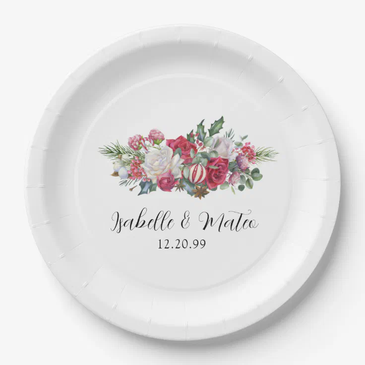 Elegant Red Rose Floral Christmas Wedding Paper Plates | Zazzle