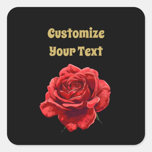 Elegant Red Rose Floral Custom Text Square Sticker (Front)