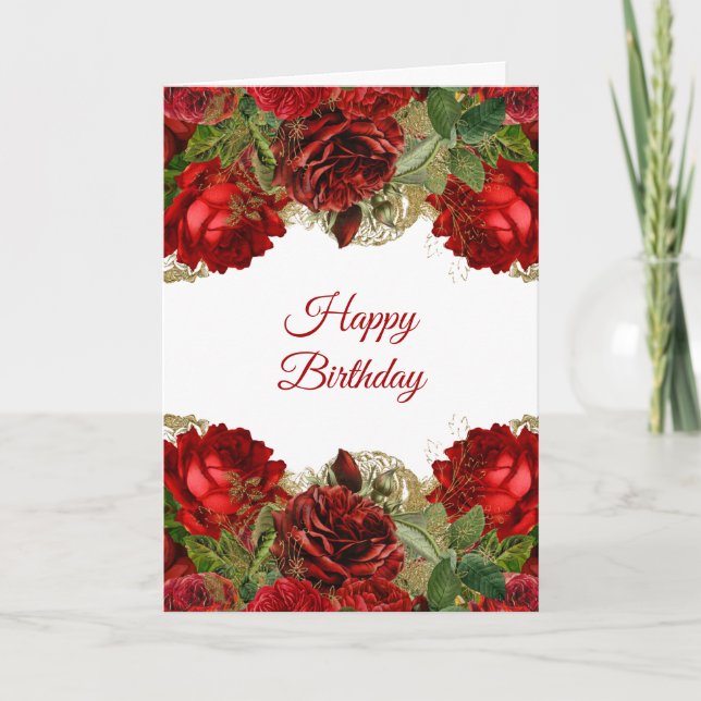 Elegant Red Rose Floral Frame Birthday Card (Front)