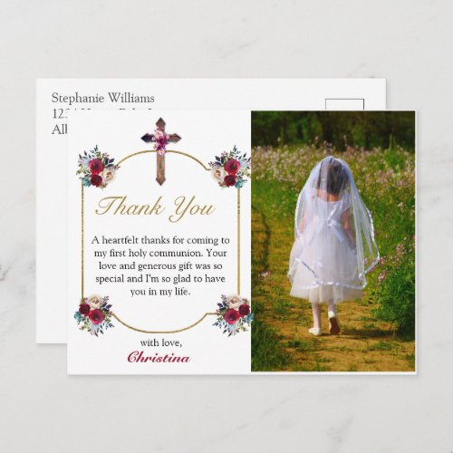 Elegant Red Rose Floral Girls 1st Holy Communion  Postcard