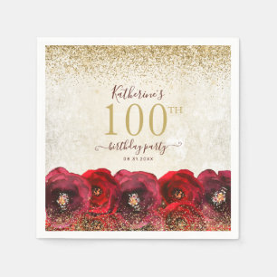 Elegant Red Rose Floral Gold 100th Birthday Party Napkins