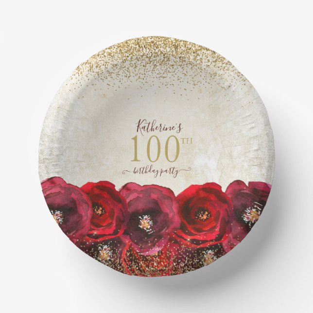 Elegant Red Rose Floral Gold 100th Birthday Party Paper Bowls (Front)