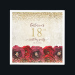 Elegant Red Rose Floral Gold 18th Birthday Party Napkins<br><div class="desc">These elegant floral 18th birthday party paper napkins feature red roses painted in watercolor with a name and date to personalize in modern script calligraphy on a shimmer gold background with faux gold glitter. Designed by Susan Coffey.</div>