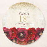 Elegant Red Rose Floral Gold 18th Birthday Party Round Paper Coaster<br><div class="desc">These elegant floral 18th birthday party paper coasters feature red roses painted in watercolor with a name and date to personalize in modern script calligraphy on a shimmer gold background with faux gold glitter. Designed by Susan Coffey.</div>