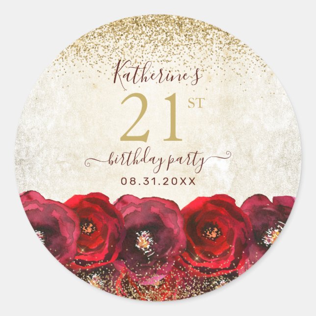 Elegant Red Rose Floral Gold 21st Birthday Party Classic Round Sticker (Front)