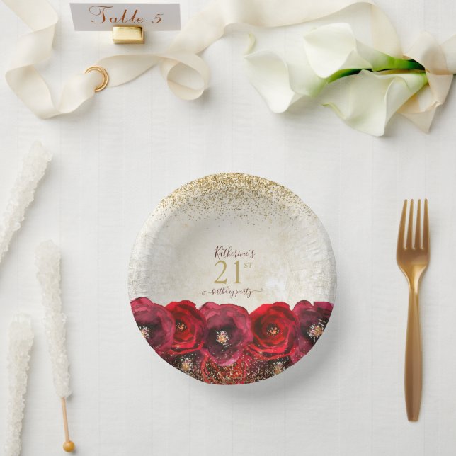 Elegant Red Rose Floral Gold 21st Birthday Party Paper Bowls (Wedding)