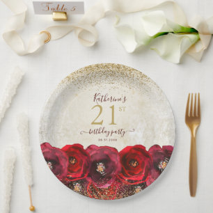 Elegant Red Rose Floral Gold 21st Birthday Party Paper Plates