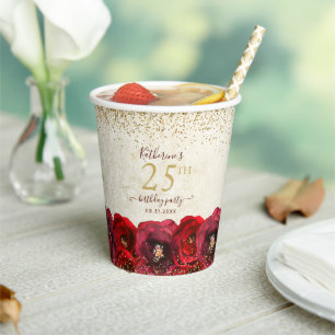 Elegant Red Rose Floral Gold 25th Birthday Party Paper Cups