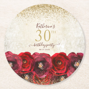 Elegant Red Rose Floral Gold 30th Birthday Party Round Paper Coaster