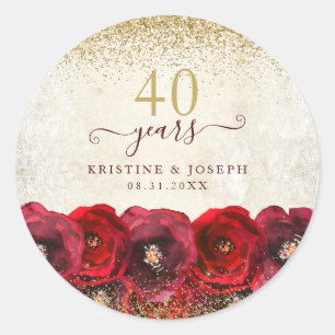 Elegant Red Rose Floral Gold 40th Anniversary Classic Round Sticker