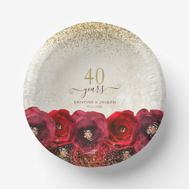 Elegant Red Rose Floral Gold 40th Anniversary Paper Bowls (Front)
