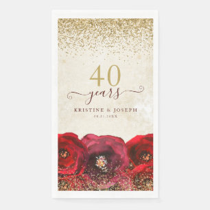Elegant Red Rose Floral Gold 40th Anniversary Paper Guest Towels