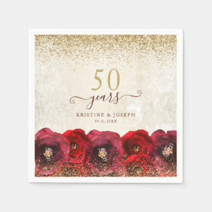 Elegant Red Rose Floral Gold 50th Anniversary Napkins
