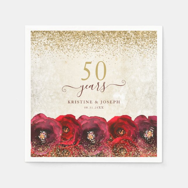 Elegant Red Rose Floral Gold 50th Anniversary Napkins (Front)