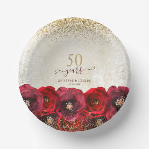 Elegant Red Rose Floral Gold 50th Anniversary Paper Bowls