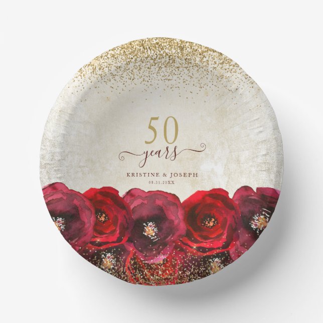 Elegant Red Rose Floral Gold 50th Anniversary Paper Bowls (Front)